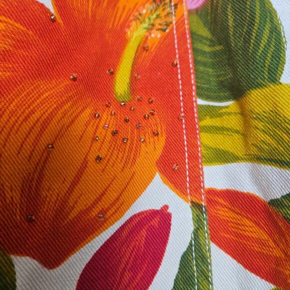 Chico’s Design Size 2 Large Floral Tropical Pink & Orange Denim Beading Jacket - Picture 3 of 8